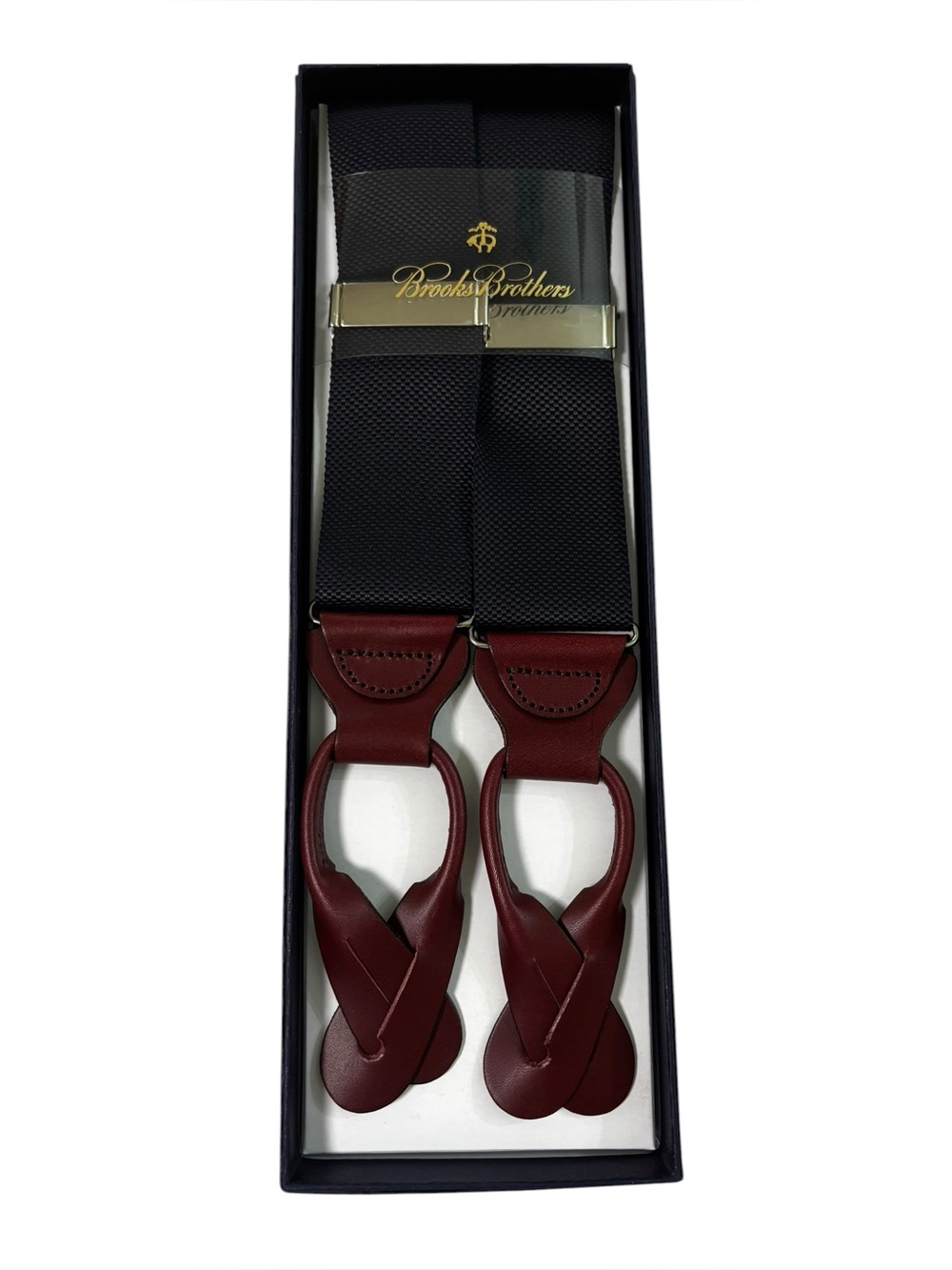 Brooks Brothers Navy Blue Nylon & Mahogany Leather Suspenders Braces NEW